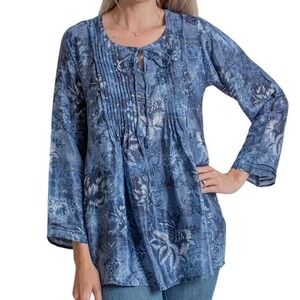 Love By Kyla Blouse Tunic Top Womens Small Blue Silk Pintuck Floral Peasant Boho